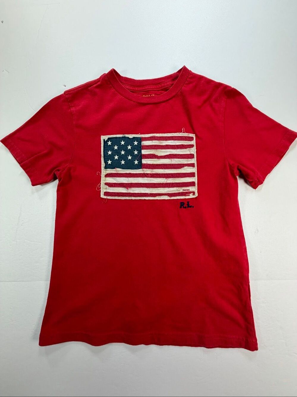 Polo Ralph Lauren Boys Size 8 Red T-Shirt American Flag Patch USA Cotton Tee EUC